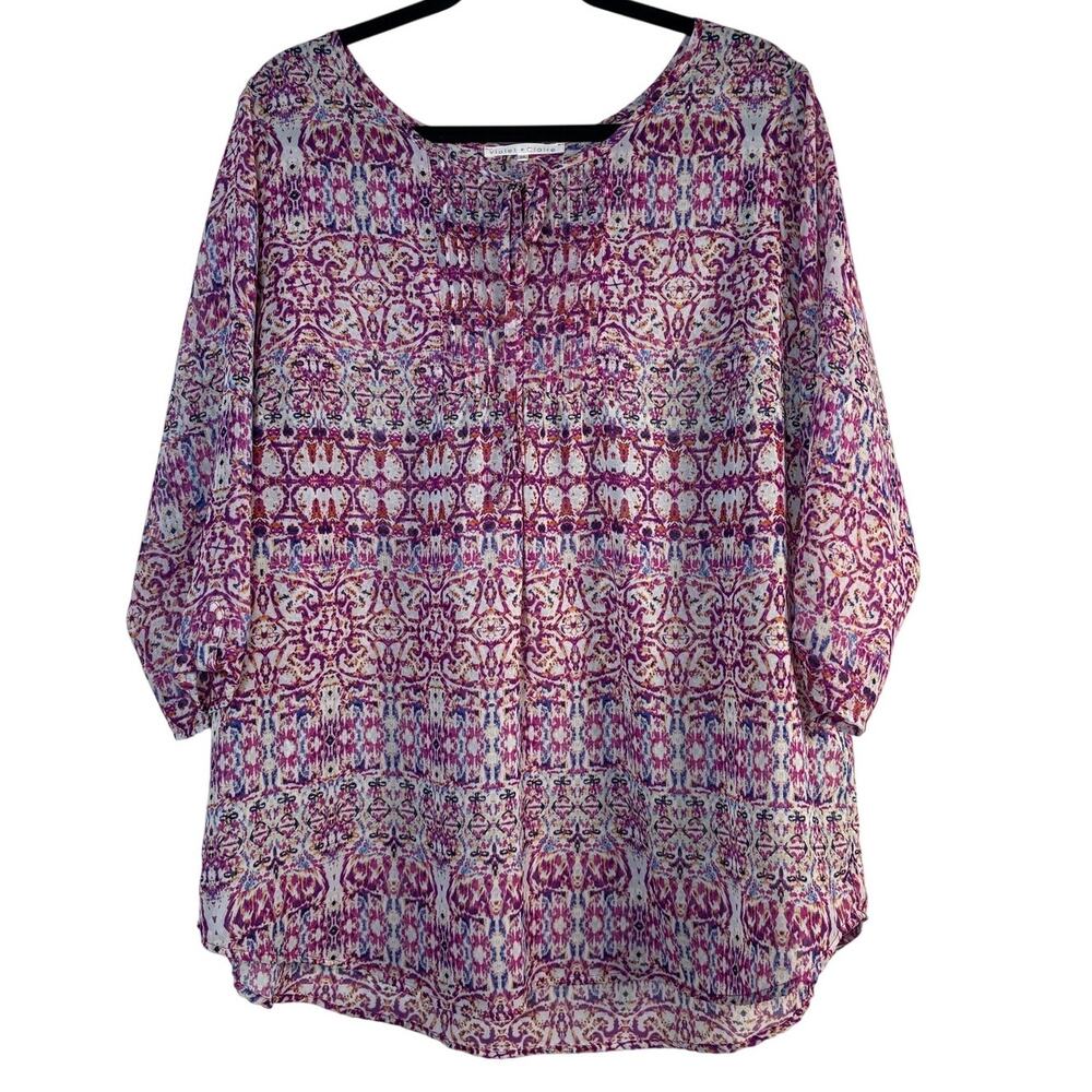 Violet & Claire Boho Floral Peasant Blouse Purple Pink Front Tie Tunic Top 2X